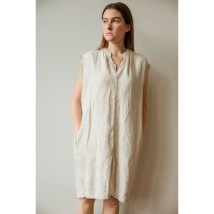 CP Shades 100% linen Womens Boho Lagenlook Tan button Front crochet sleeveless